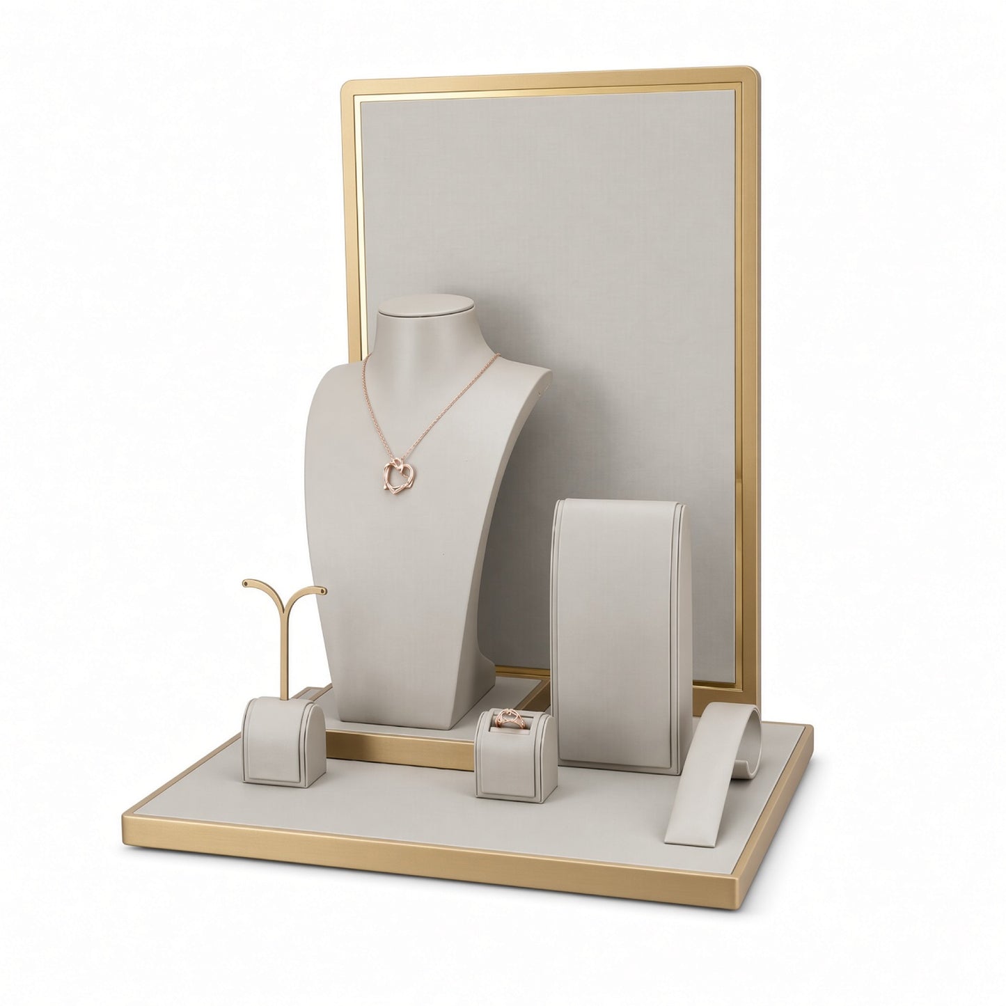Custom Warm Neutral Framed Jewelry Display Set shown with the full backdrop and coordinated tall framed panel, necklace bust, bracelet ramp, earring stand and ring blocks for configuration review