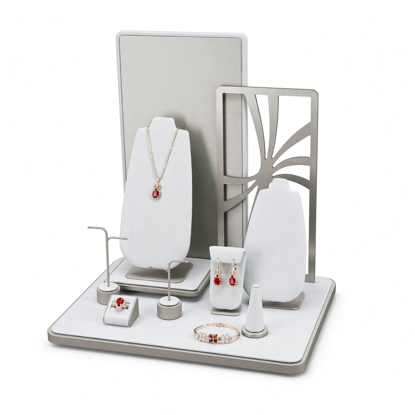 Custom White Geometric Countertop Jewelry Display shown with the full backdrop and coordinated geometric panel, asymmetric necklace boards, compact base, T-bars and ring blocks for configuration review
