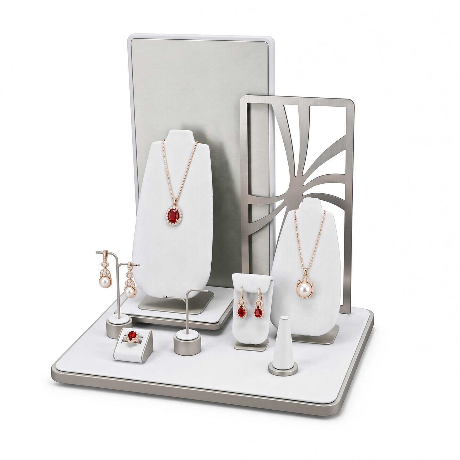 Custom White Geometric Countertop Jewelry Display with the full backdrop, styled with assorted necklaces, earrings, rings and bracelets