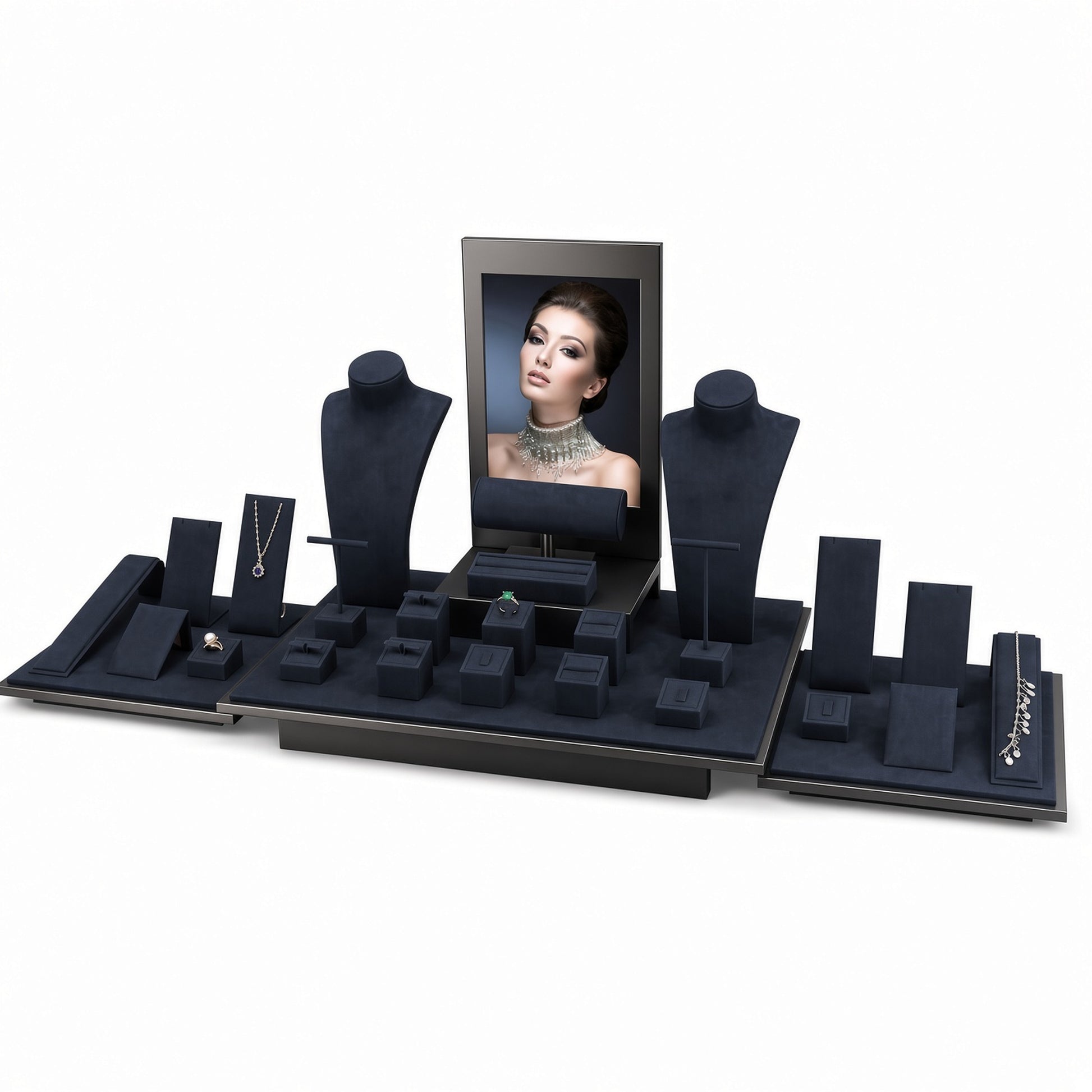 Custom Wide Multi-Platform Jewelry Display Set shown with the full backdrop and coordinated two necklace busts, broad tiered platforms, ring blocks and side display trays for configuration review