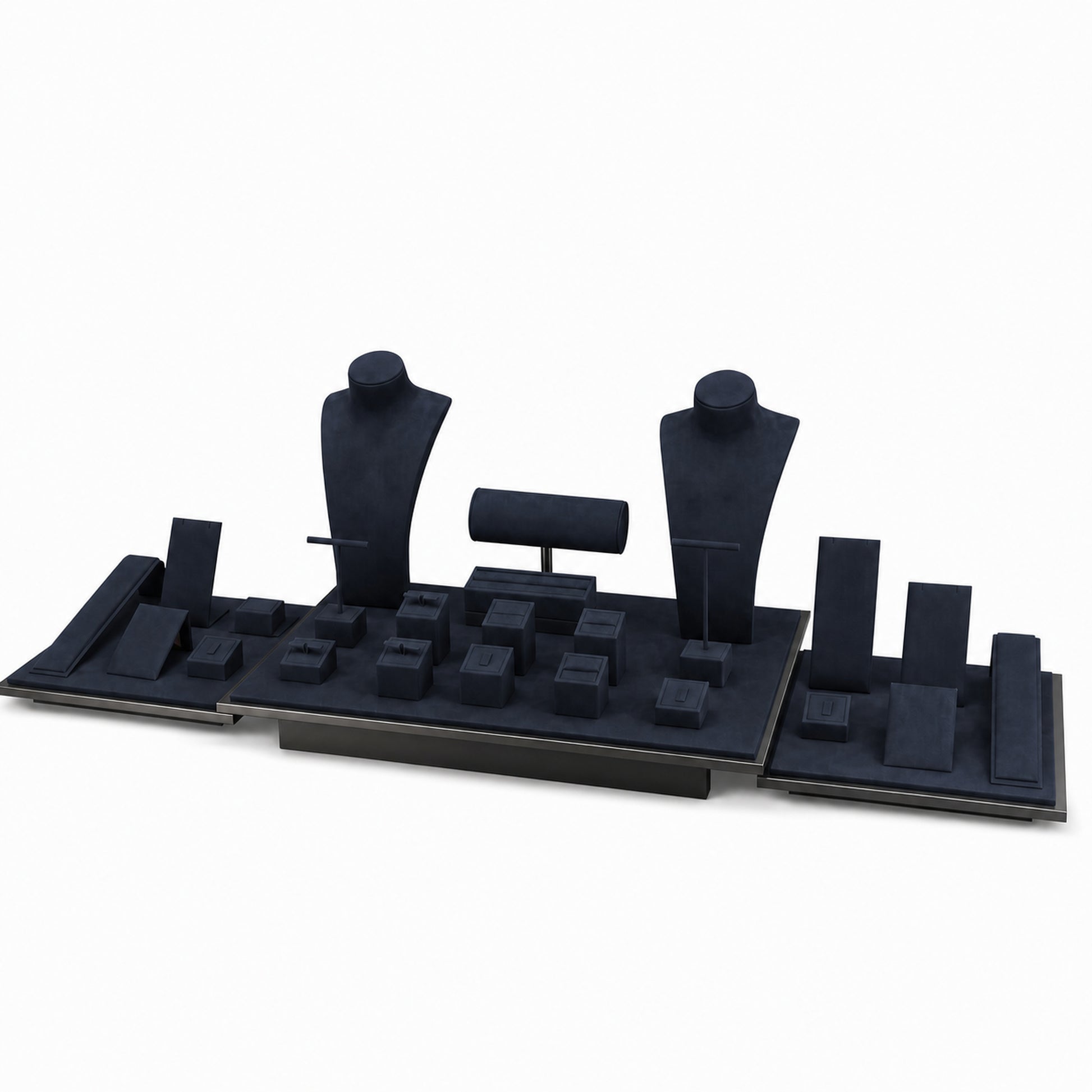 Custom Wide Multi-Platform Jewelry Display Set shown without the backboard in a navy and dark neutral tones arrangement with the display pieces presented for configuration review