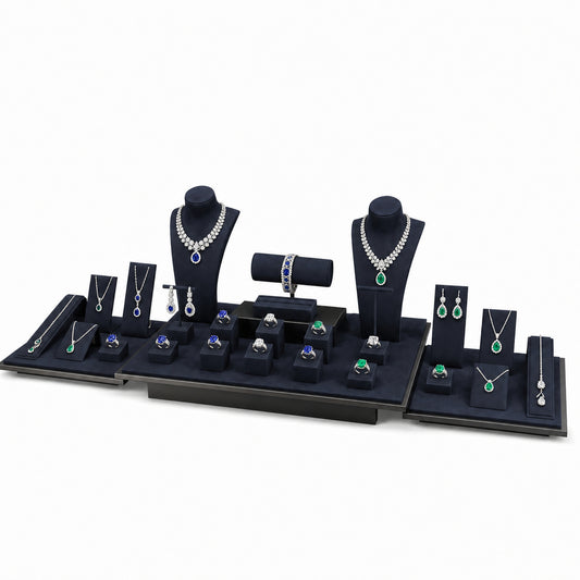 Custom Wide Multi-Platform Jewelry Display Set without the backboard, styled with necklaces, earrings, rings and bracelets across the coordinated display pieces