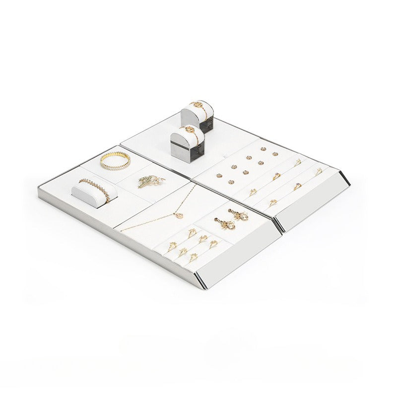White PU Leather Jewelry Display Tray with Shiny Metal Frame - Modular Counter Organizer for Necklaces, Rings & Earrings