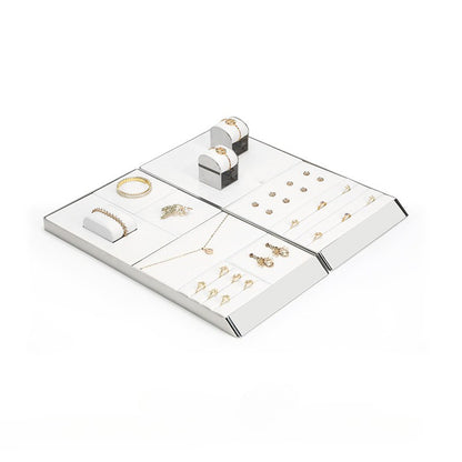 White PU Leather Jewelry Display Tray with Shiny Metal Frame - Modular Counter Organizer for Necklaces, Rings & Earrings
