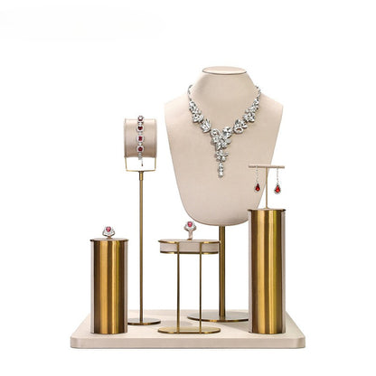 Beige Velvet Jewelry Display Set with Gold Metal Base - Complete Stand for Necklaces, Earrings, Rings & Bracelets