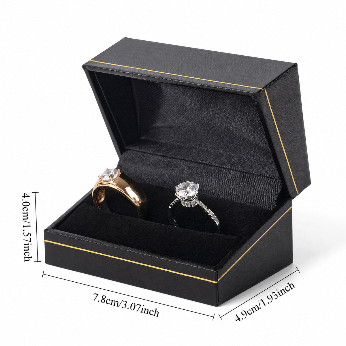 Black double ring box LR5 with two rings, showing box dimensions in centimeters and inches.