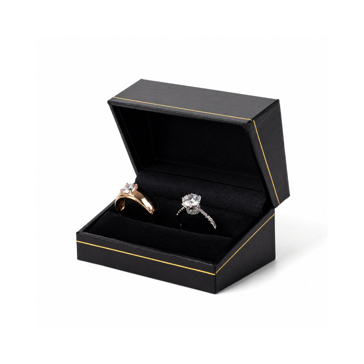 Black double ring box LR5 with gold trim, open in three-quarter view with two rings.