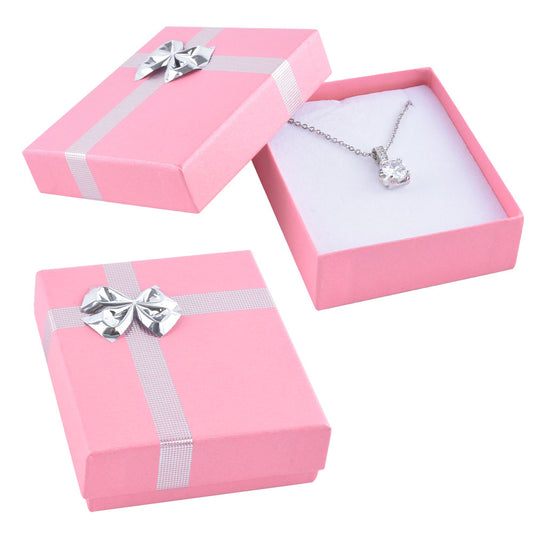 earring box and pendant box - 24 Pink Silver Cardboard Pendant Earring Boxes BB09-PP front view