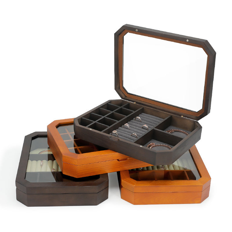 earring box - Clear Wooden Glass Box Tray Rings Earrings C01767 front view