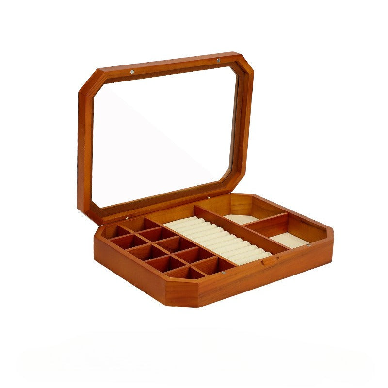 earring box - Clear Wooden Glass Box Tray Rings Earrings C01767 open view