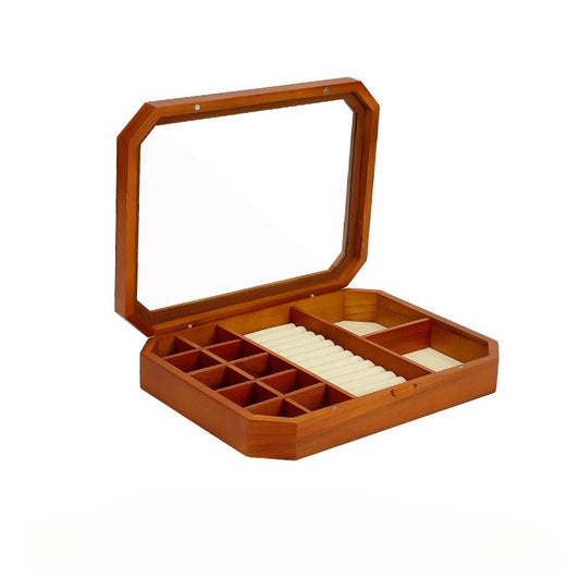 earring box - Clear Wooden Glass Box Tray Rings Earrings C01767 open view