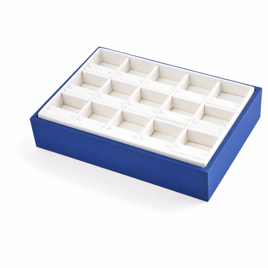 earring display - 15 Blue White Earring Tray Holders T046H15-W front view