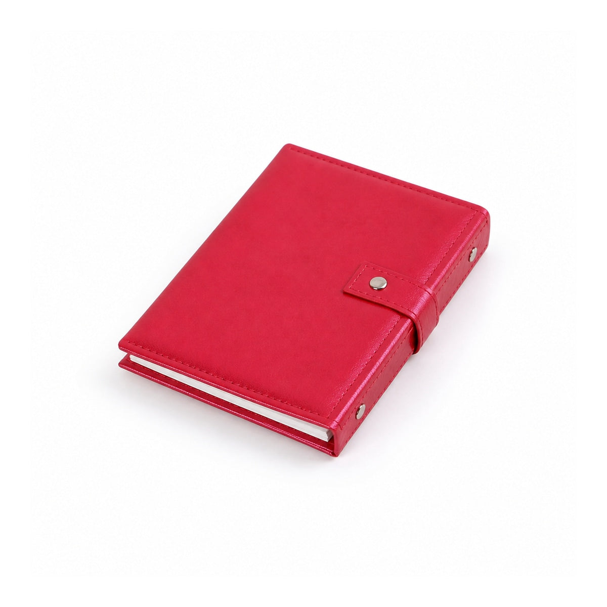 Rose red earring storage book, closed with stitched edges and a strap fastening.