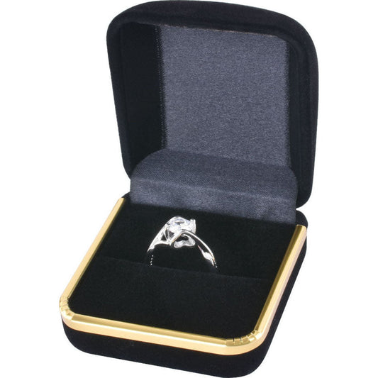 Black F02 flocking ring box open view with gold trim