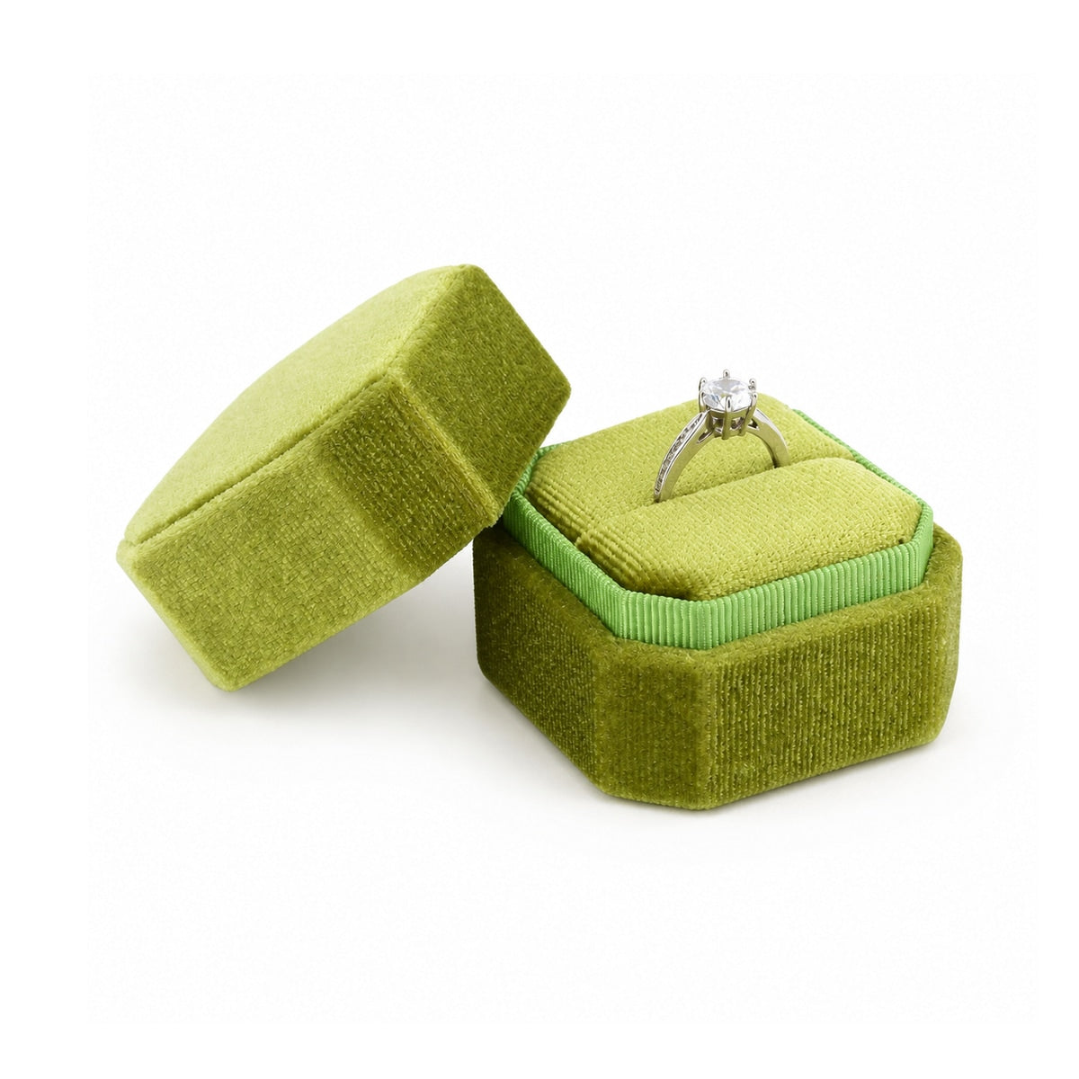 Green Octagonal Velvet Ring Box open with ring, three-quarter view.