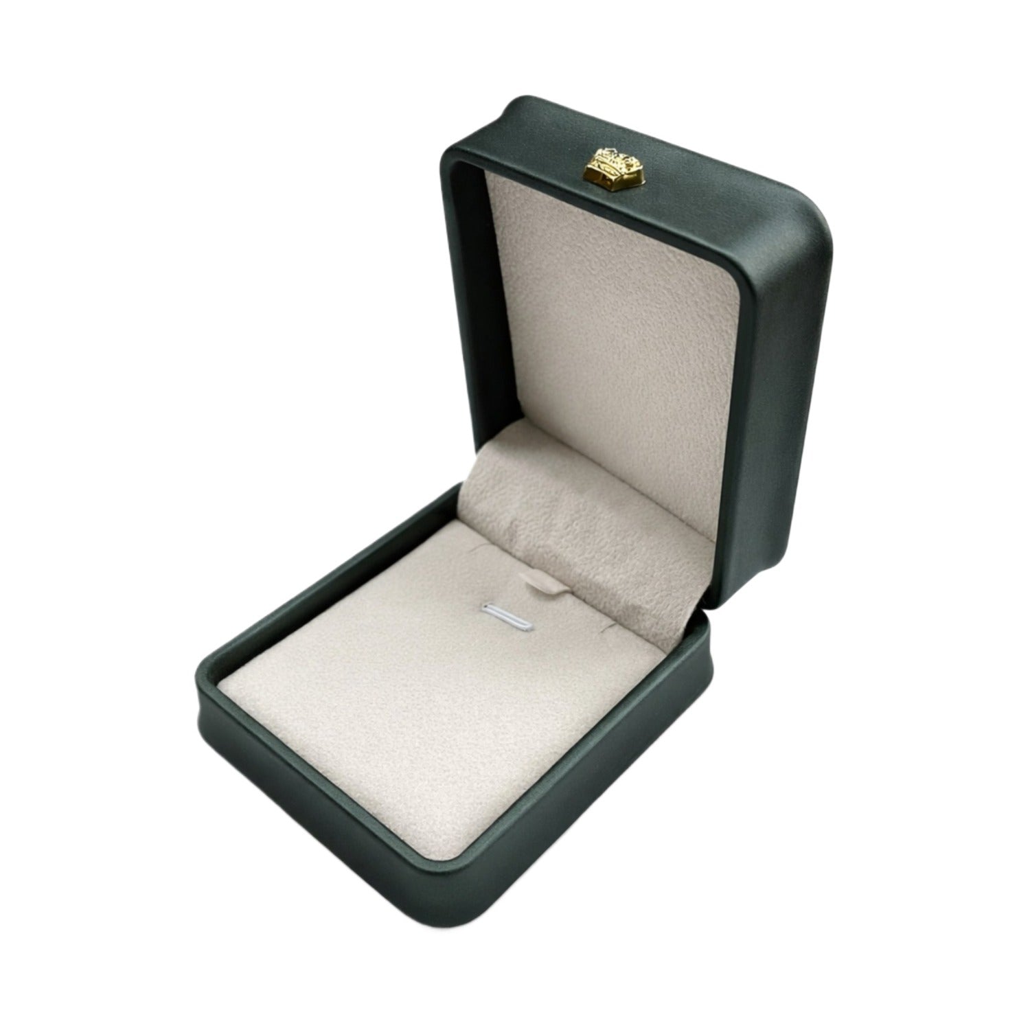 Open dark green rounded pendant box with a pale cushioned platform, securing loops, and gold-tone emblem.