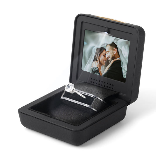 Open personalized video proposal ring box with engagement ring presentation