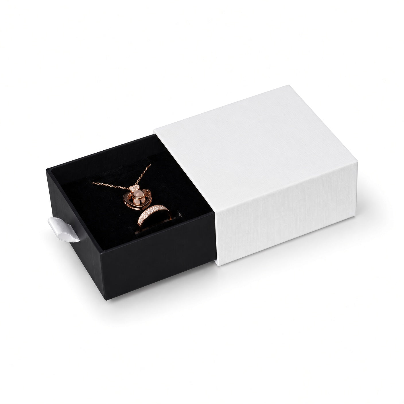 Black jewelry box drawers for rings, earrings, studs, pendants and compact necklaces — product view 2.