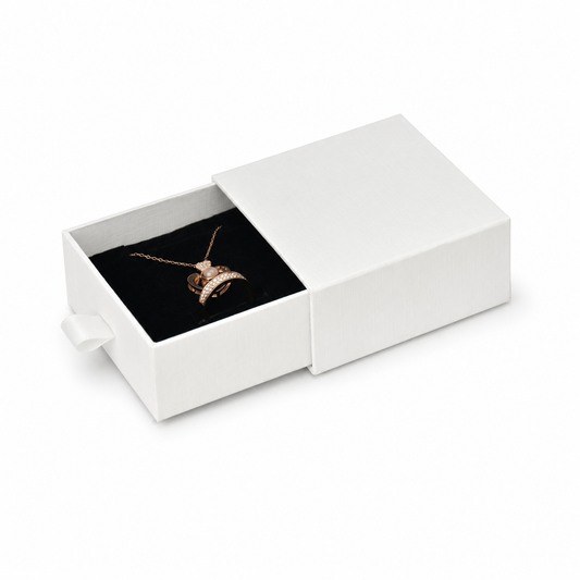 White jewelry boxes drawers for rings, earrings, studs, pendants and compact necklaces — main product view.