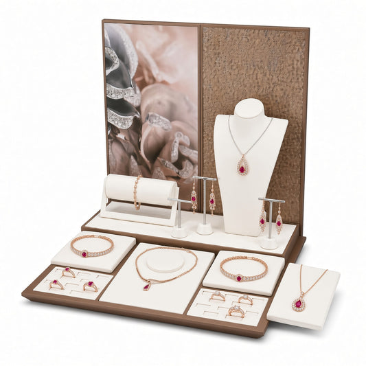 jewelry display - Custom Brown Split-Backdrop Jewelry Display Table Set CJD013 open view