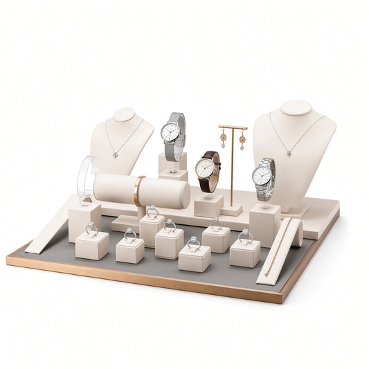 jewelry display - Custom Cream Gold Jewelry Showcase Display Set CJD028 open view