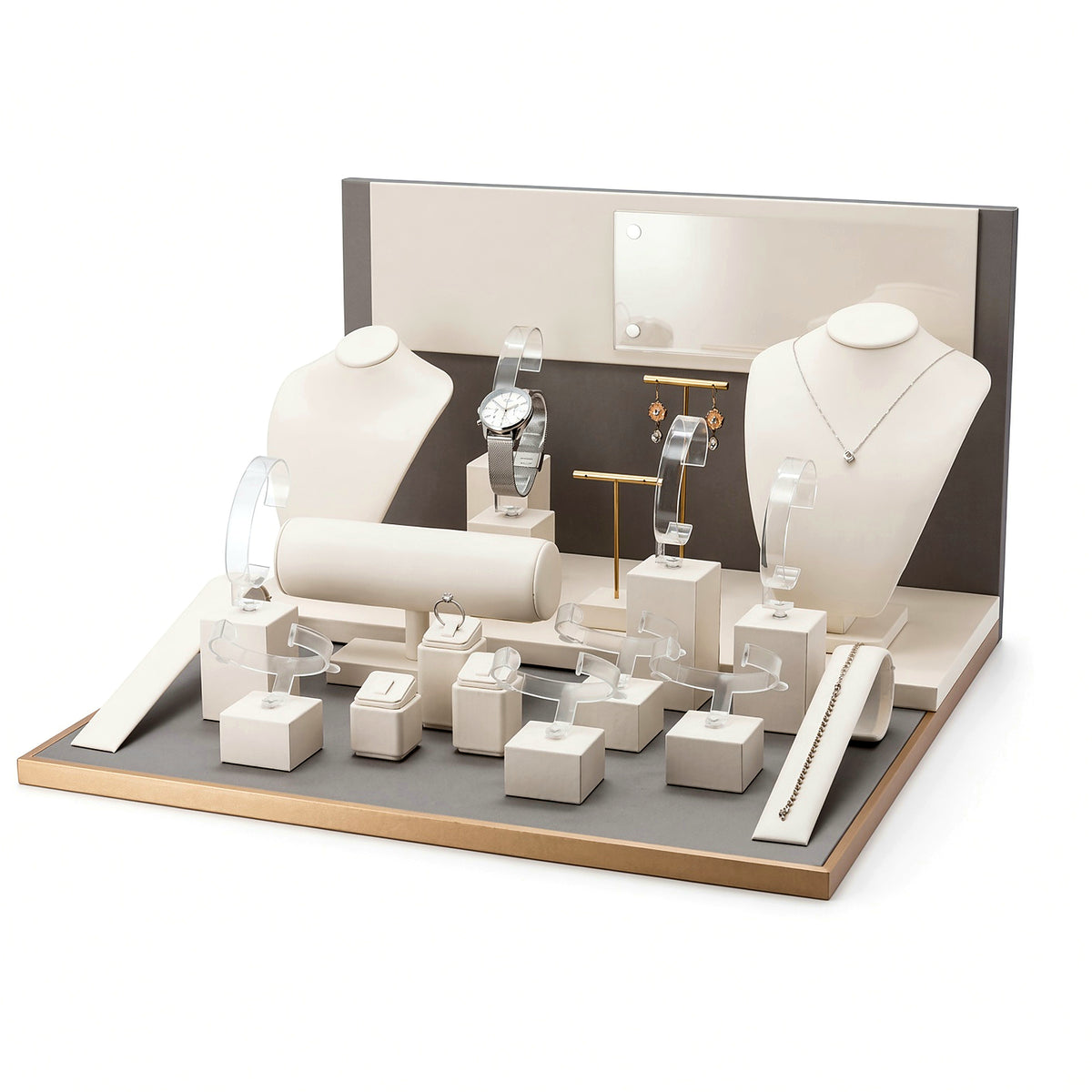 jewelry display - Custom Cream Gold Jewelry Showcase Display Set CJD028 side view