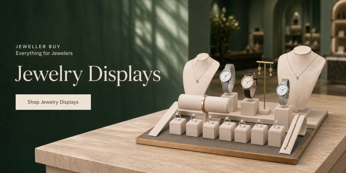Cream and gold jewelry displays with necklaces, watches, rings and earrings in a forest-green setting