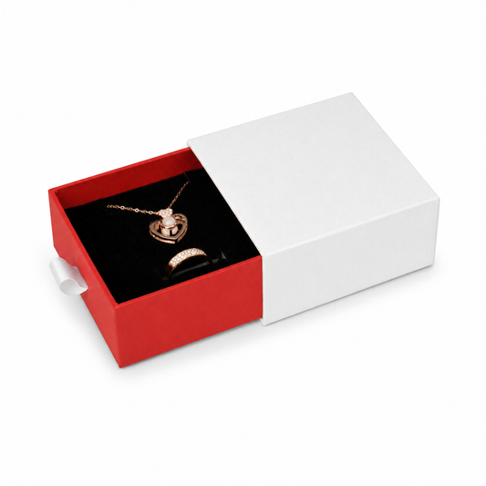 Red jewelry drawer box for rings, earrings, studs, pendants and compact necklaces — main product view.