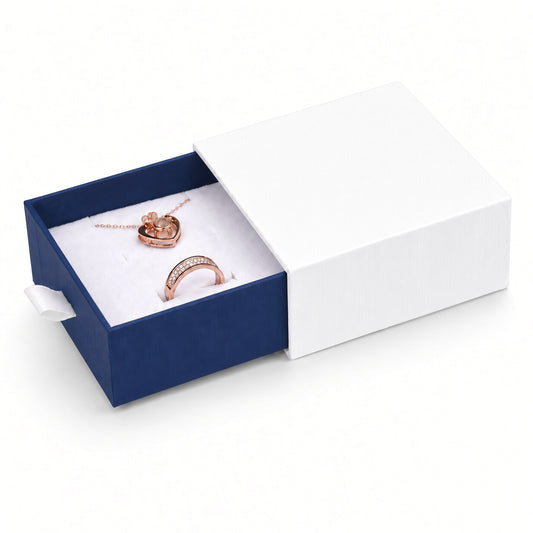 Blue jewelry packaging drawer box for rings, earrings, studs, pendants and compact necklaces — main product view.