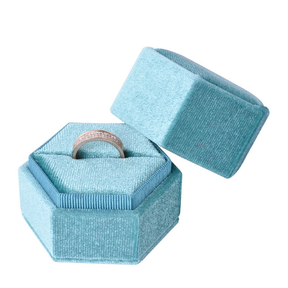 Light Blue Hexagonal Velvet Ring Box, product view 2