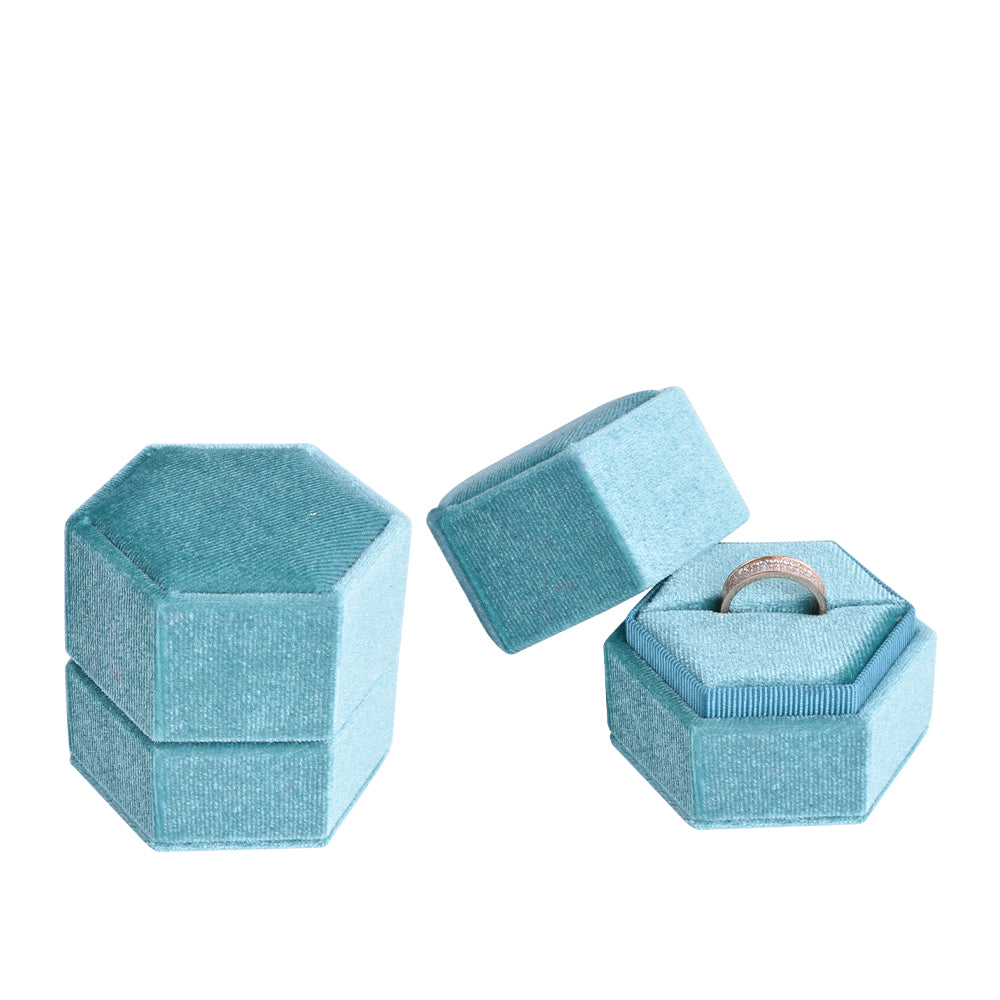 Light Blue Hexagonal Velvet Ring Box, product view 1