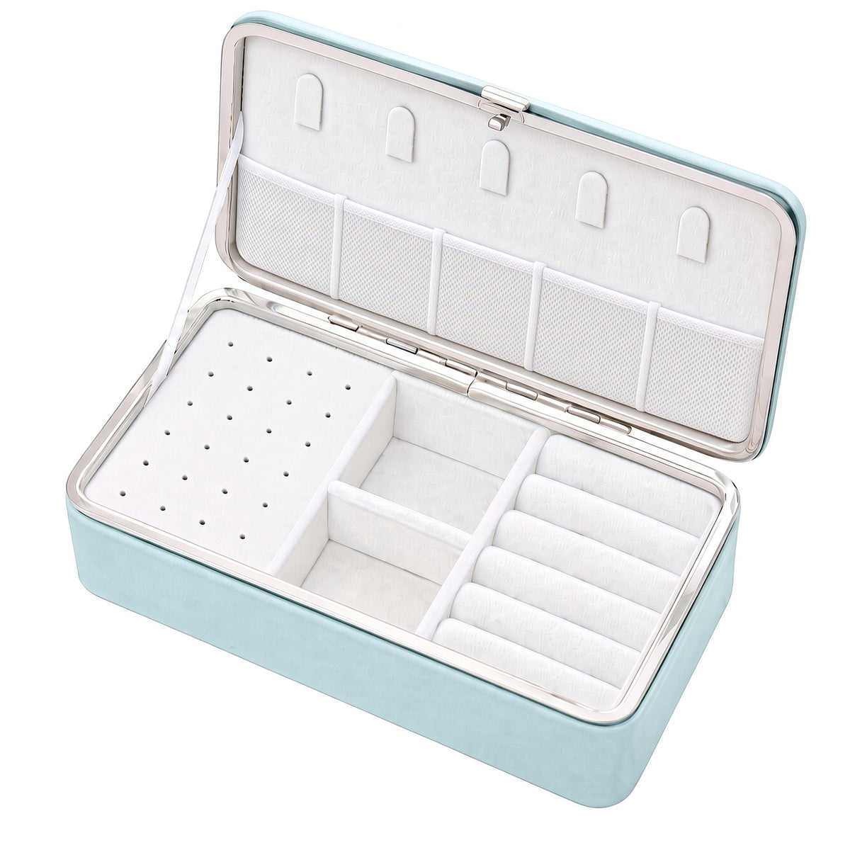 Light blue necklace-hook jewelry box with mesh pocket and ring storage