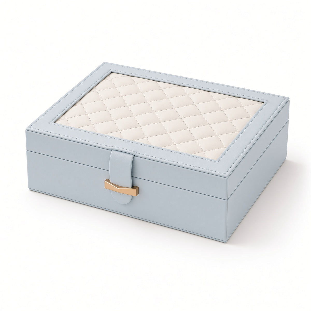 Light blue jewelry organizer with ivory quilted lid panel and front strap closure