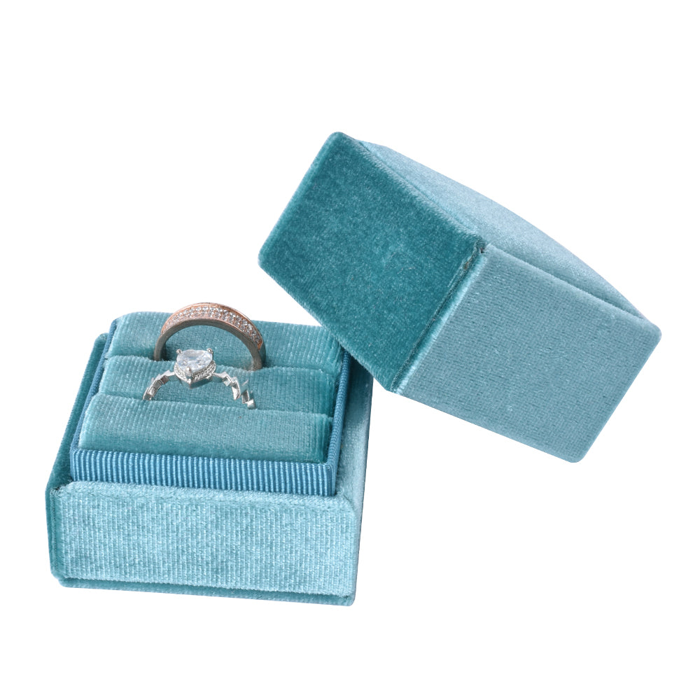 Light Blue Square Double Velvet Ring Box, product view 1