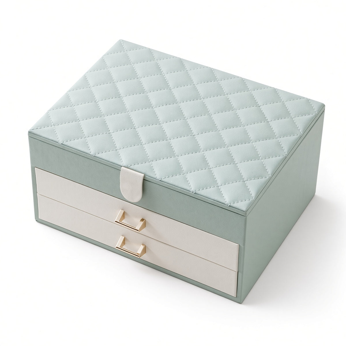 Light green quilted jewelry storage case with two closed ivory-front drawers