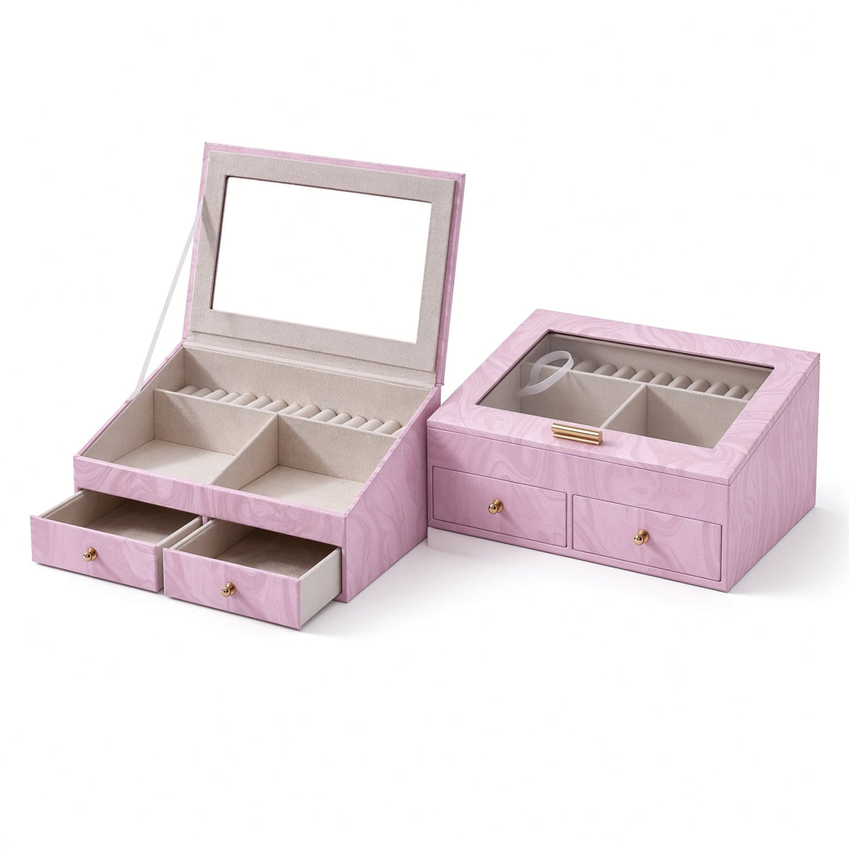 Pink marbled jewelry box with drawers and clear sloped lid shown open and closed