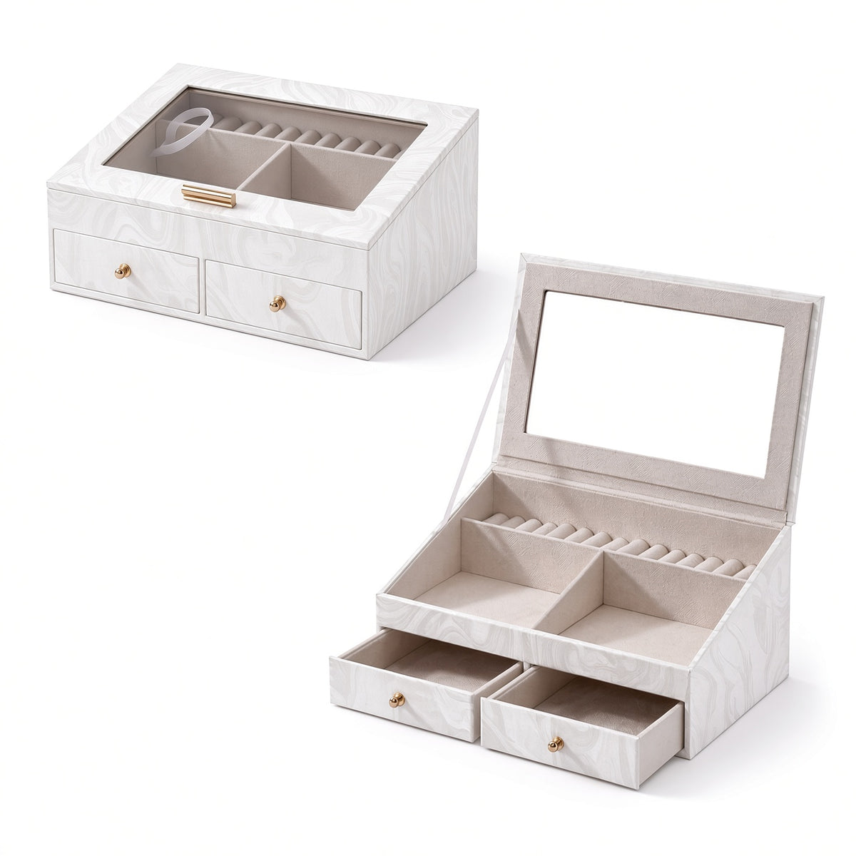 White wavy-pattern jewelry storage box with clear window two drawers and empty ring section