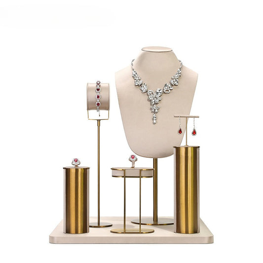 necklace display - Beige Gold Velvet Metal Display Stand Necklaces C02916 front view