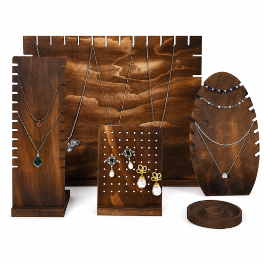 necklace display - Custom Rustic Wood Jewelry Display Stands for Necklaces and Rings C03083 front view