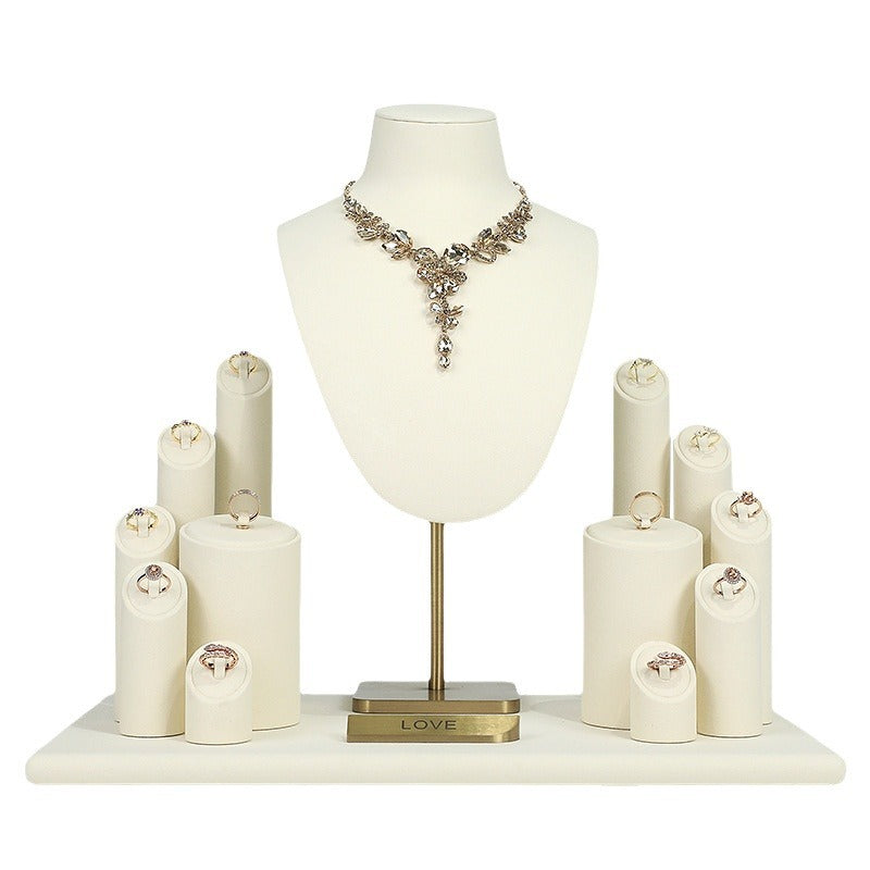 necklace display - White Gold Velvet Display Stand Necklaces Rings C02887 front view