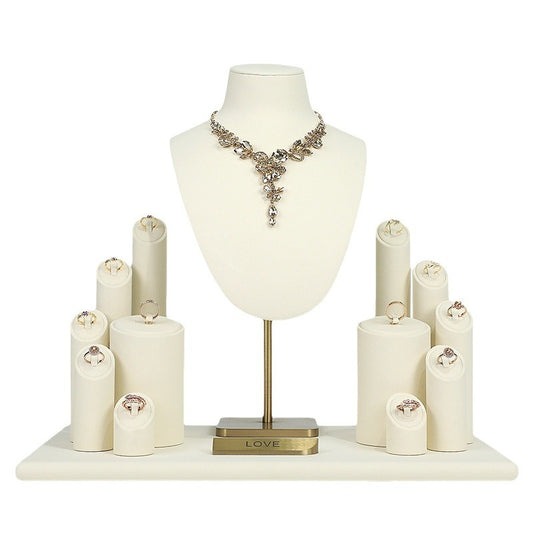 necklace display - White Gold Velvet Display Stand Necklaces Rings C02887 front view