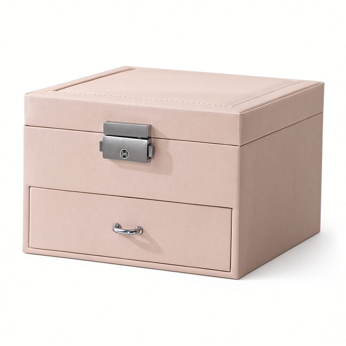 Nude pink square storage case with keyed clasp and curved drawer handle