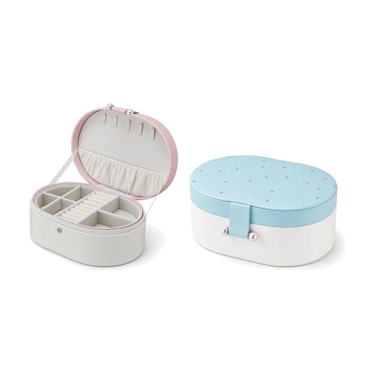 Oval jewelry box shown open in pink and white beside a closed blue and white box