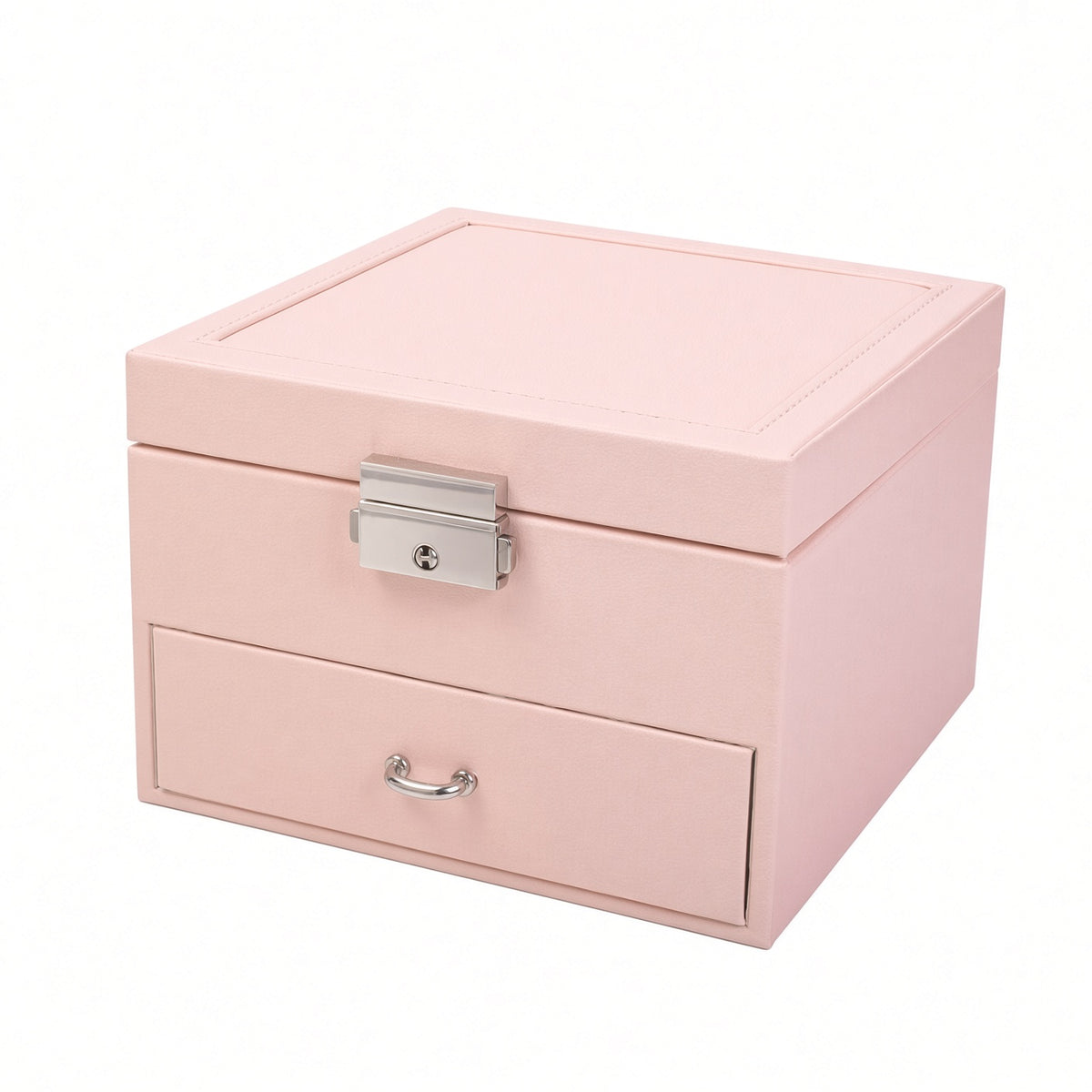 Peach pink square jewelry case with metal clasp and closed drawer