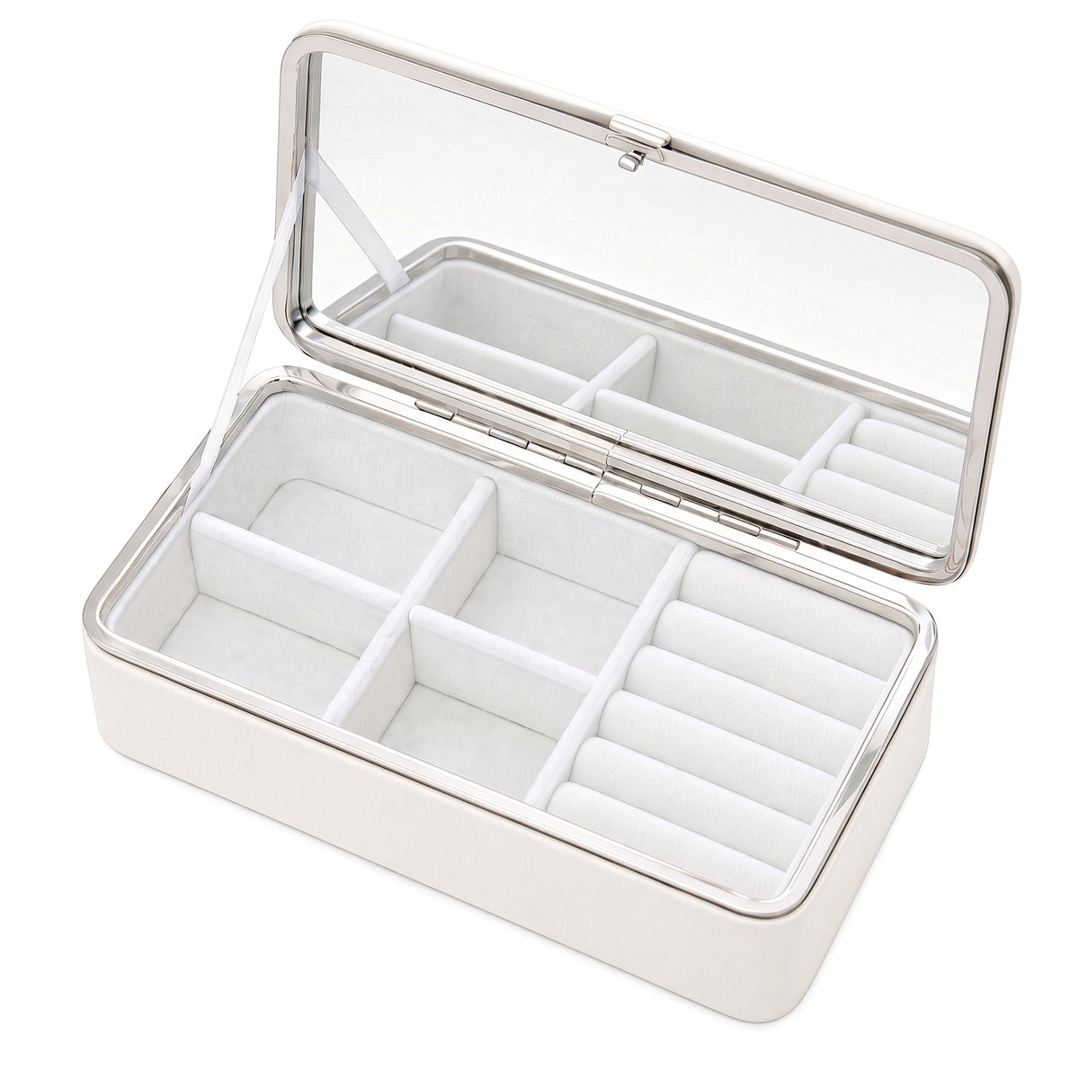 Pearl white travel jewelry box with mirror and empty padded ring rolls
