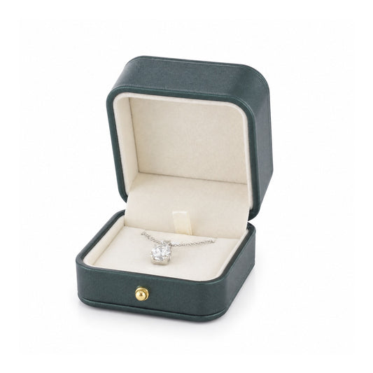 jade green PU pendant box open in a three-quarter view with a pendant and chain.