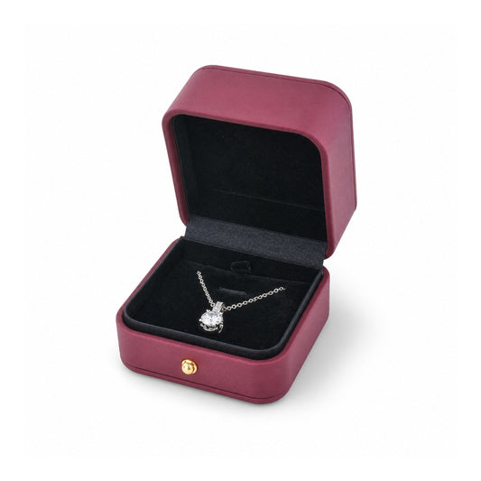 magenta PU pendant box open in a three-quarter view with a pendant and chain.