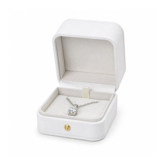 white PU pendant box open in a three-quarter view with a pendant and chain.