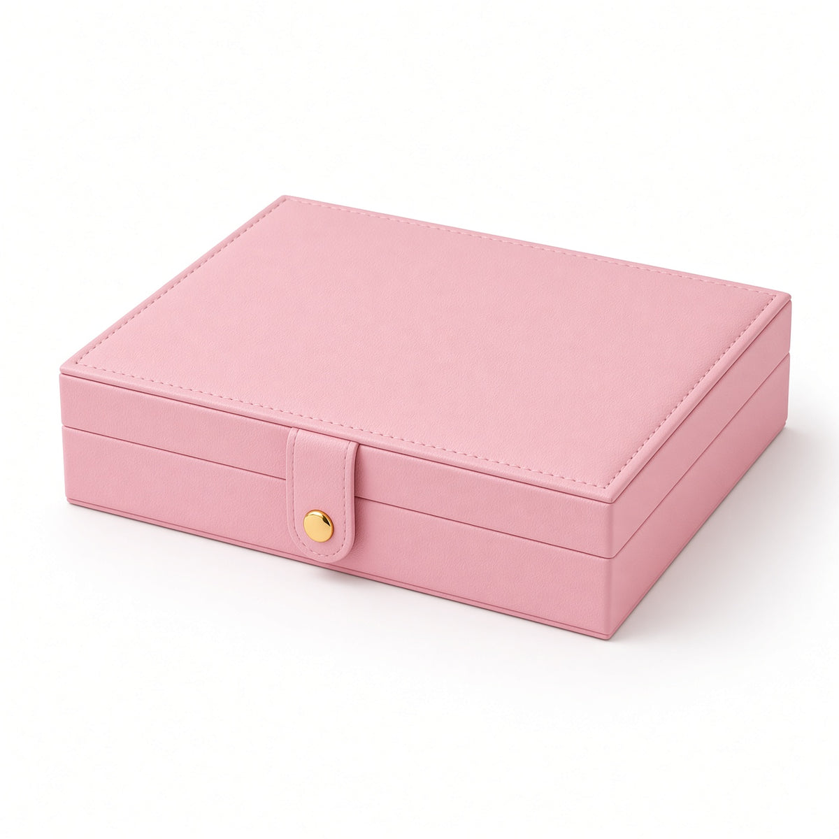 Closed pink PU jewelry case with stitched lid and gold-tone snap fastener