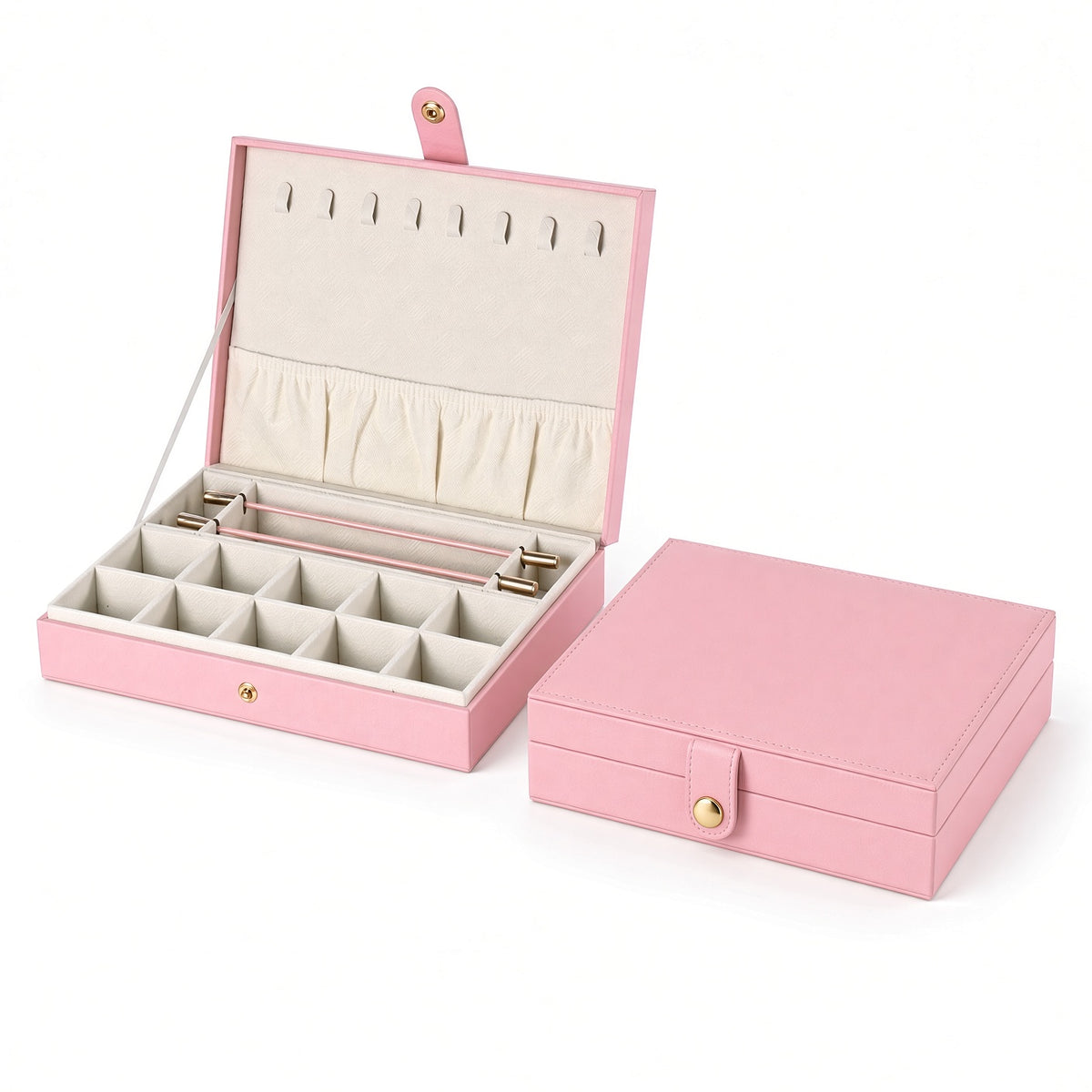 Pink jewelry box shown open with bead rods beside its closed stitched-lid view